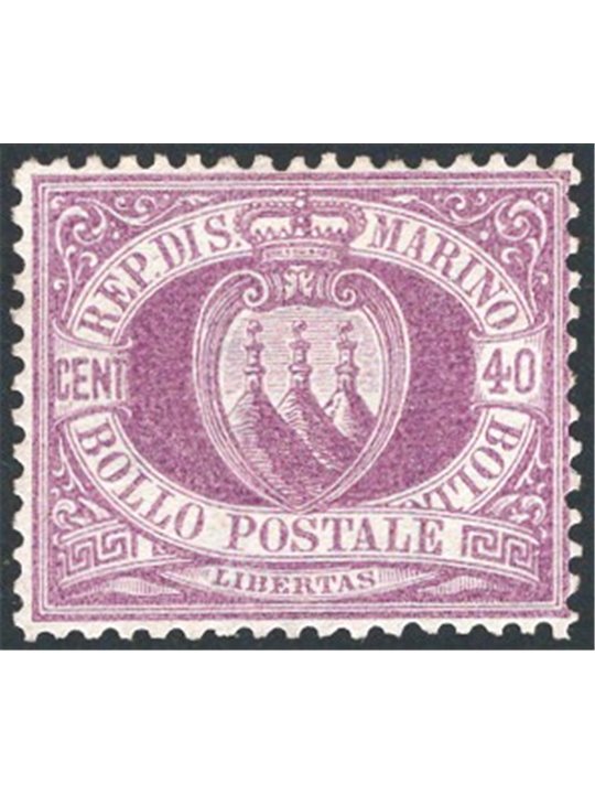 San Marino 1877 Coat of Arms 40 c. dark lilac with excellent centring no. 7 certified by Apicella Cat. €10,800 (**)