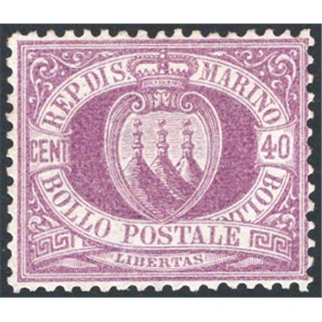San Marino 1877 Coat of Arms 40 c. dark lilac with excellent centring no. 7 certified by Apicella Cat. €10,800 (**)