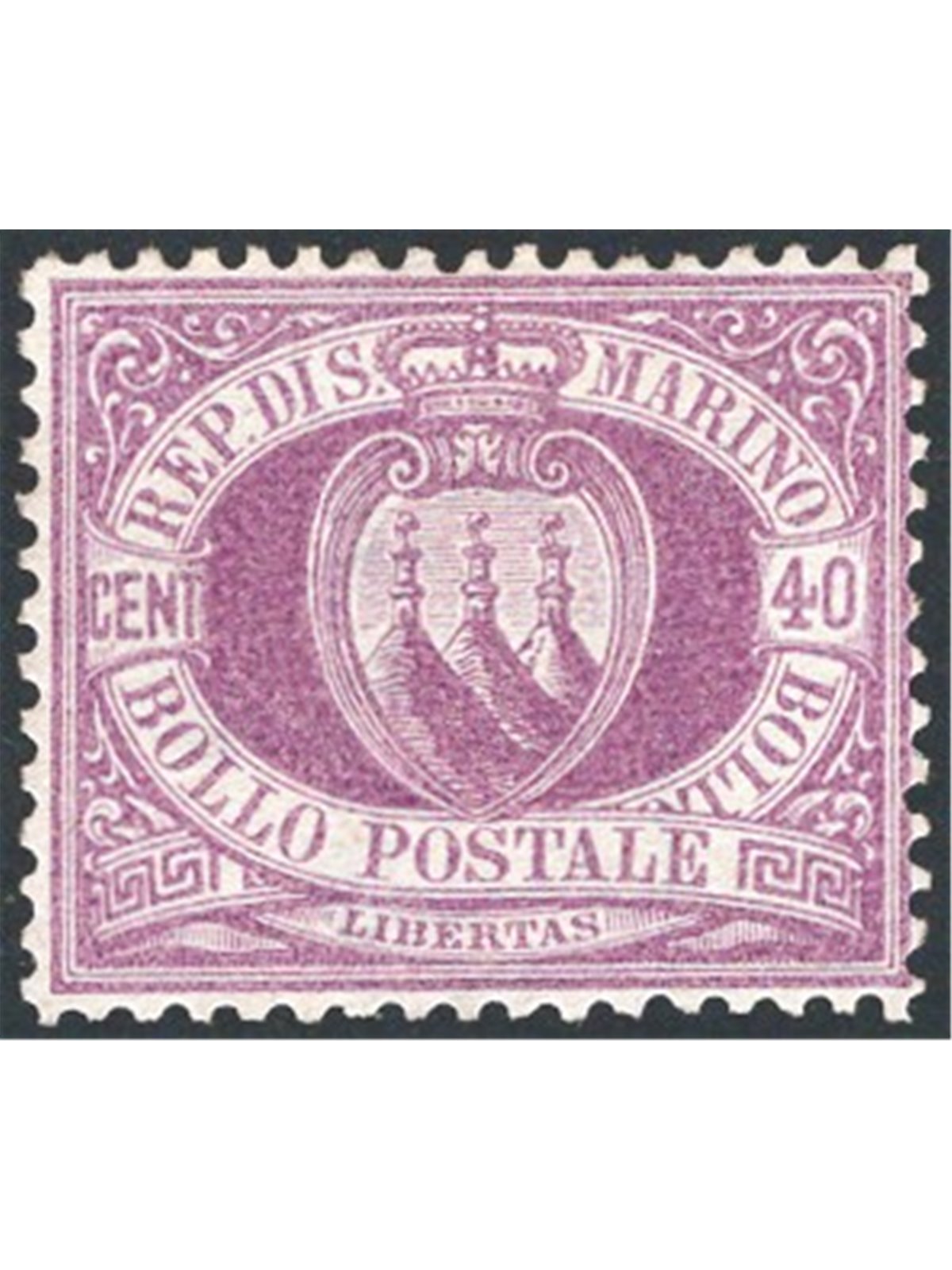 San Marino 1877 Coat of Arms 40 c. dark lilac with excellent centring no. 7 certified by Apicella Cat. €10,800 (**)