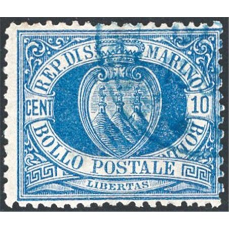 San Marino 1888 Coat of Arms 10 c. light blue no. 3A. Bolaffi stamp certified by CiBaFil Cat. €500 (U)