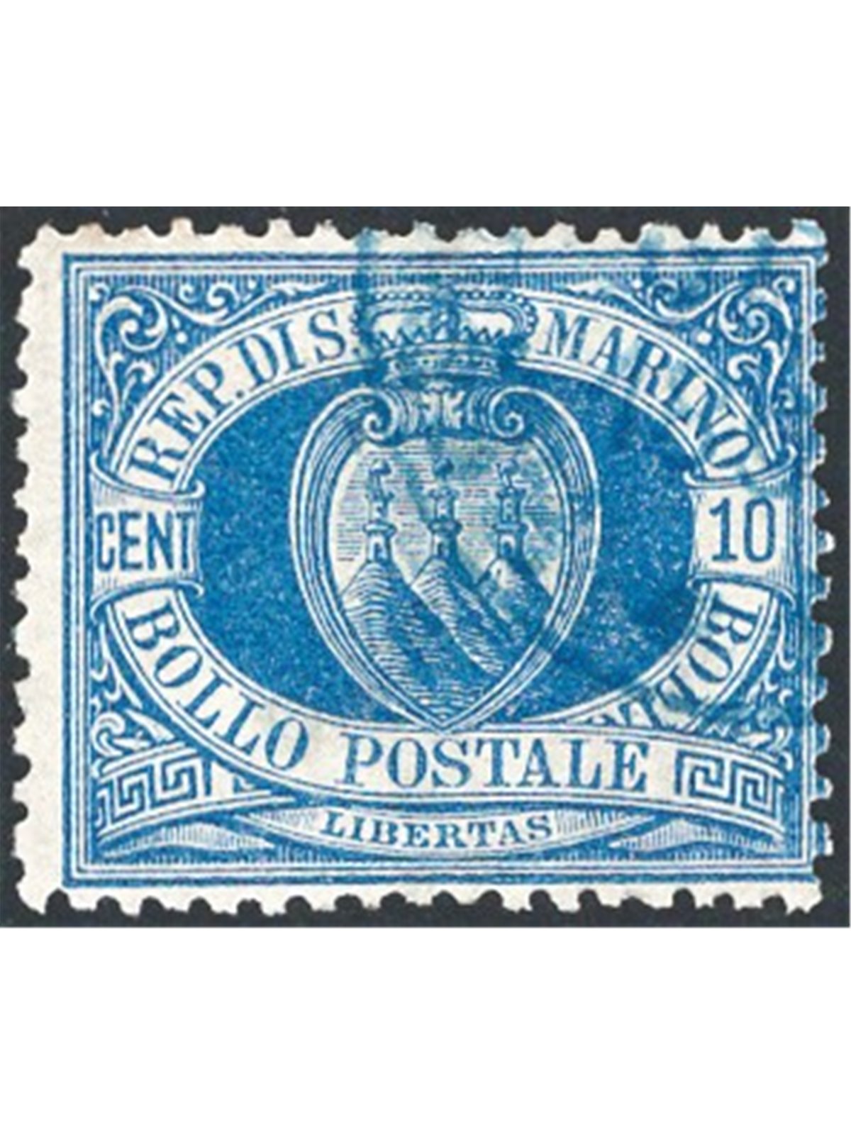 San Marino 1888 Coat of Arms 10 c. light blue no. 3A. Bolaffi stamp certified by CiBaFil Cat. €500 (U)