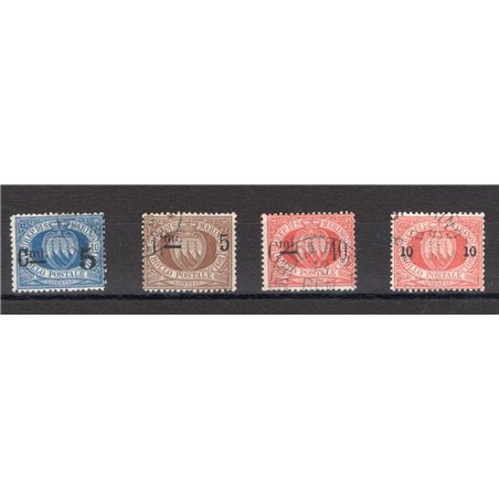 San Marino 1892 Stemma soprast. serie n° 8/11 Cert. CiBaFil Cat. € 175 (U)