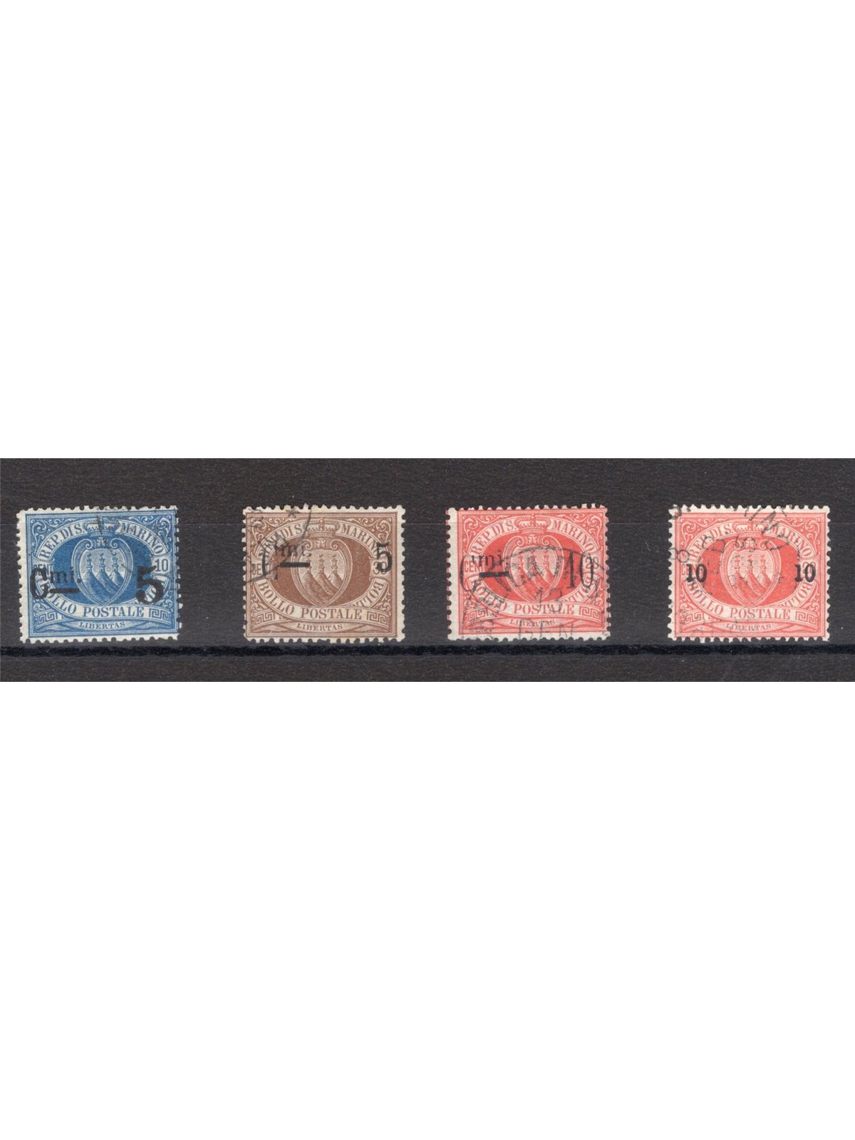 San Marino 1892 Stemma soprast. serie n° 8/11 Cert. CiBaFil Cat. € 175 (U)