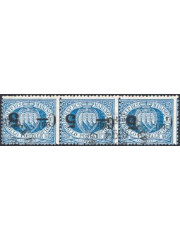 San Marino 1892 Stemma 5 c. su 10 azzurro striscia orizzontale di 3 soprast. capovolta e con uno degli esemplari che presenta la