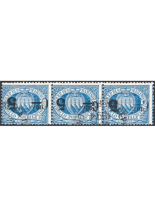 San Marino 1892 Coat of Arms 5 c. on 10 light blue horizontal strip of 3 overprinted upside down and one of the specimens featur