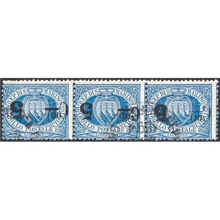 San Marino 1892 Stemma 5 c. su 10 azzurro striscia orizzontale di 3 soprast. capovolta e con uno degli esemplari che presenta la