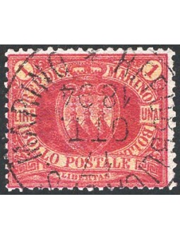 San Marino 1892 Stemma 1 £ carminio n° 20 Cert. Cilio Cat. € 1.250 (U)