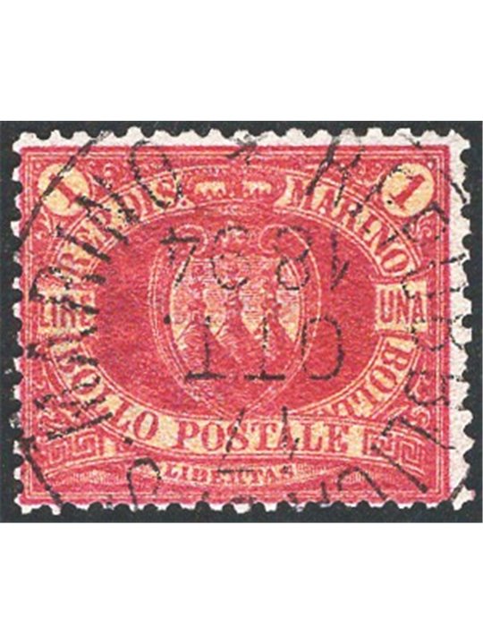 San Marino 1892 Coat of Arms 1 £ carmine No. 20 Cilio Certificate Cat. € 1,250 (U)