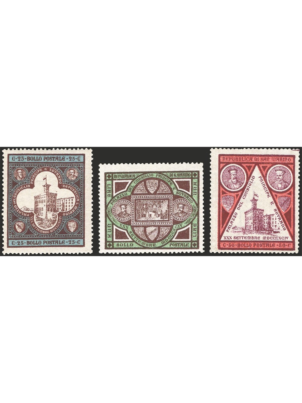San Marino 1894 Government Palace fairly well centred series No. 23/25 CiBaFil Certificate Cat. € 880 (**)