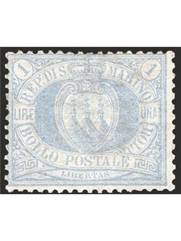 San Marino 1894 Stemma 1 £ oltremare n° 31 con discreta centratura Cert. CiBaFil Cat. € 2.400 (*)