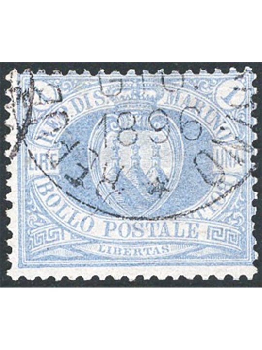 San Marino 1894 Stemma 1 £ oltremare n° 31 Cert. Cilio Cat. € 1.000 (U)