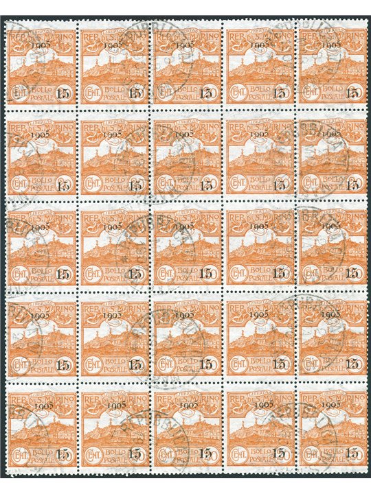 San Marino 1905 Vedute 15 c. su 20 arancio blocco da 25 con annulli originali n° 46 (U)