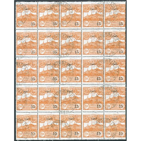San Marino 1905 Vedute 15 c. su 20 arancio blocco da 25 con annulli originali n° 46 (U)