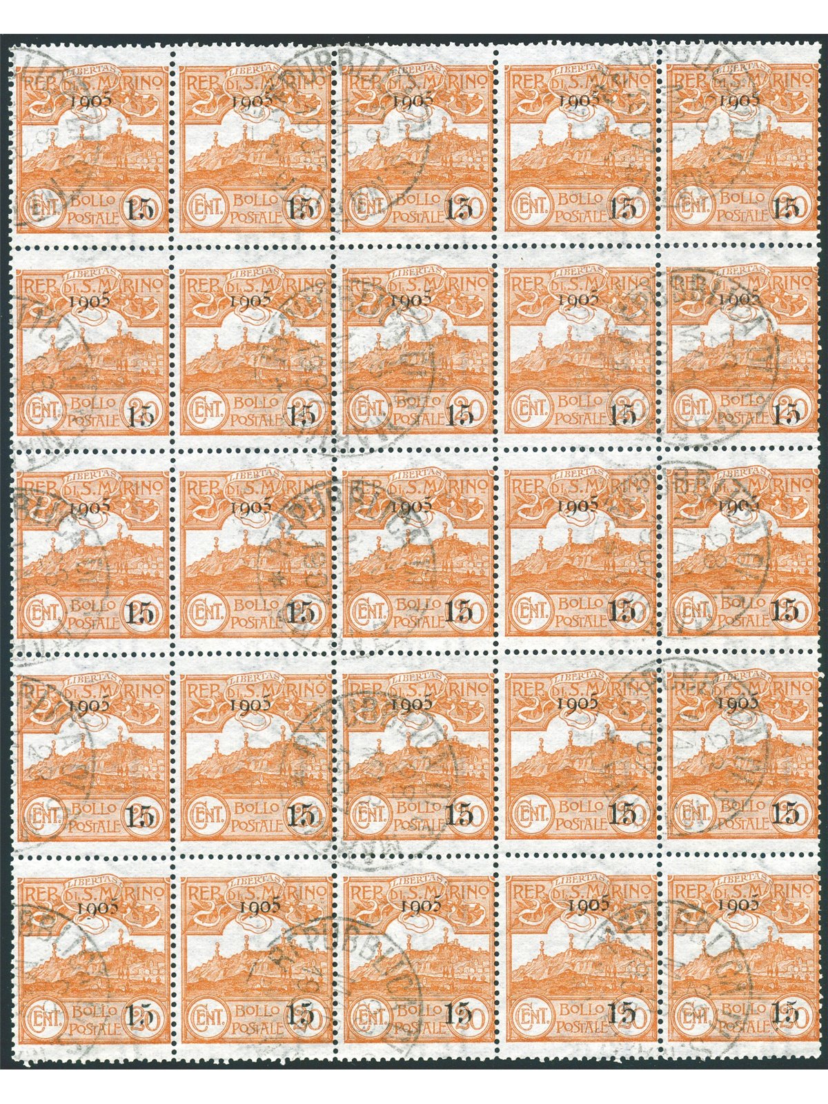 San Marino 1905 Views 15 c. on 20 orange block of 25 with original cancellations No. 46 (U)
