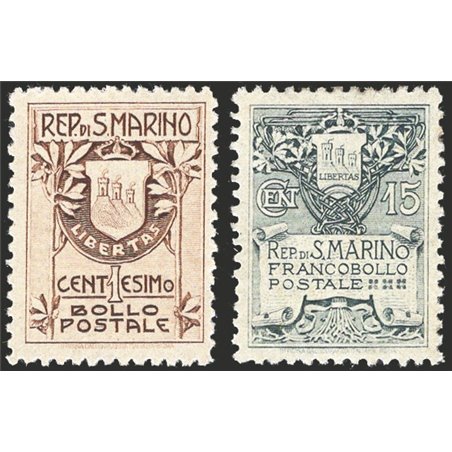 San Marino 1910 Stemma fondo giallo ottima centratura serie n° 49/50 su carta sottile. Firm. AD Cert. CiBaFil Cat. € 2.500 (**)