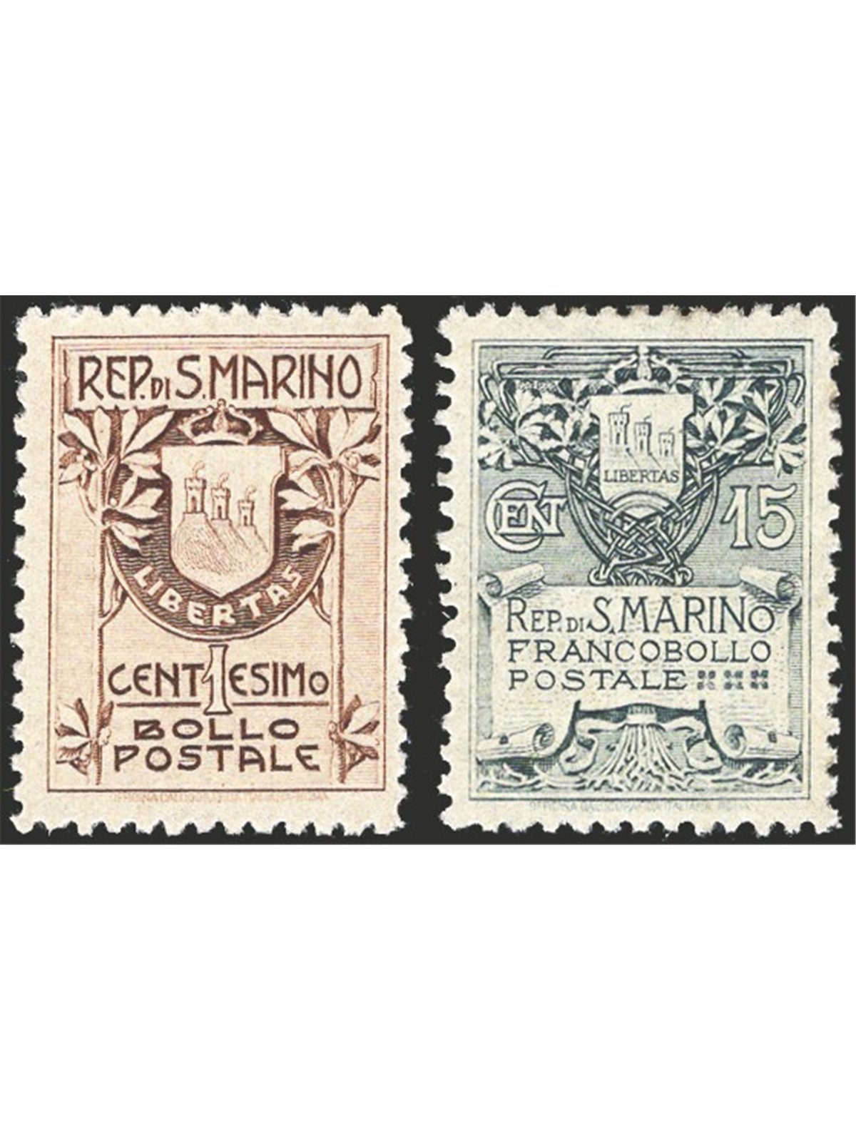 San Marino 1910 Coat of Arms on yellow background excellent centring series no. 49/50 on thin paper. Signed AD CiBaFil certified