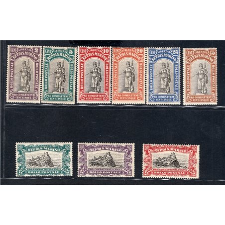 San Marino 1918 Pro Combattenti series nos. 54/62 CiBaFil certified Cat. €250 (**)