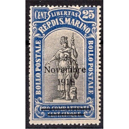 San Marino 1918 Victory overprint 25 c. ultramarine gummed on the front as well no. 67c Cat. €90 (**)