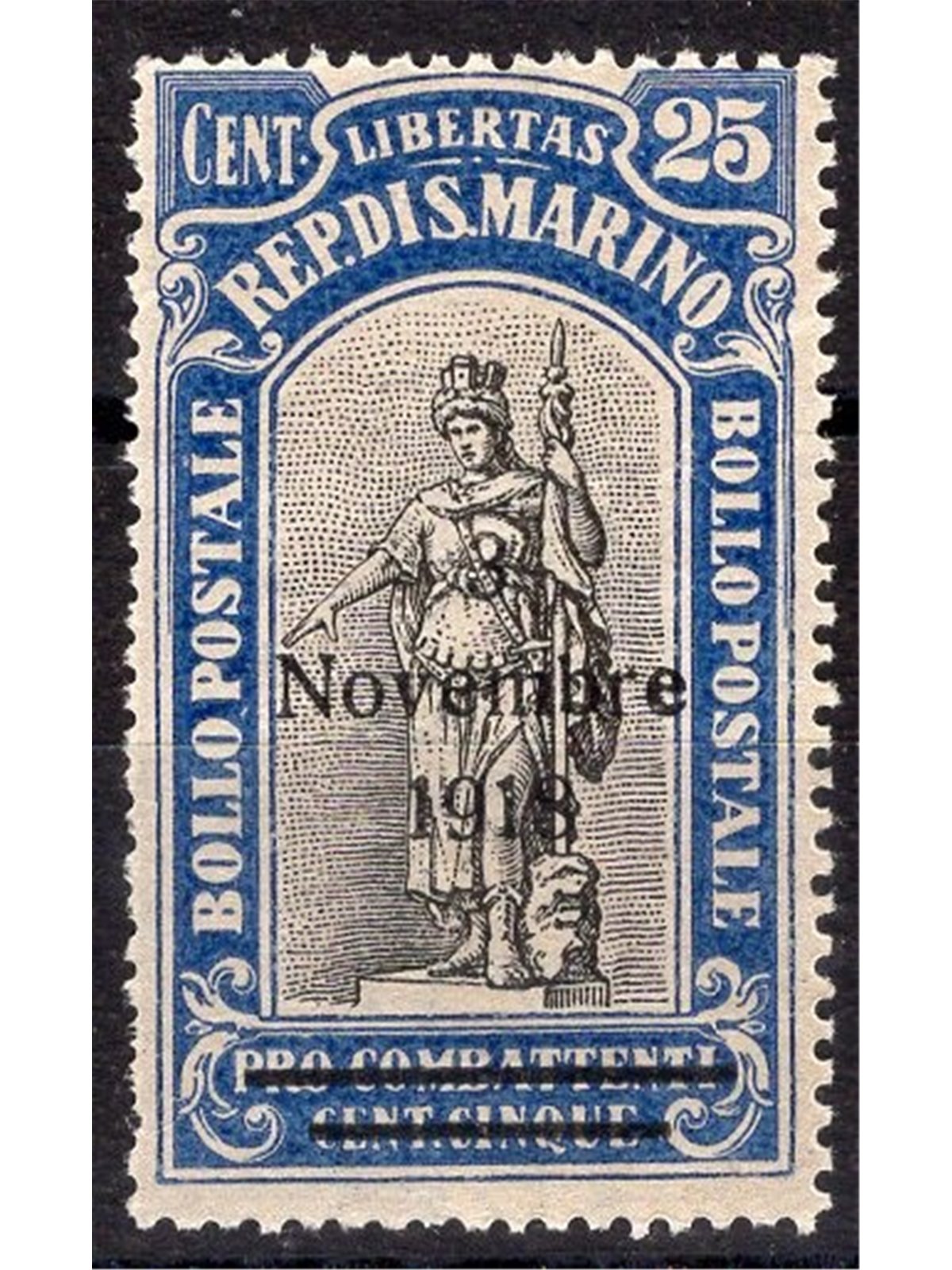 San Marino 1918 Victory overprint 25 c. ultramarine gummed on the front as well no. 67c Cat. €90 (**)