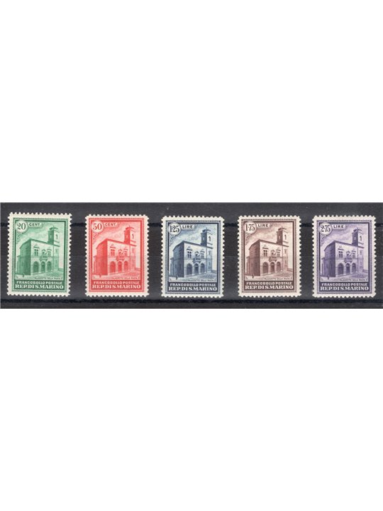 San Marino 1932 Palazzetto delle poste serie n° 159/63 Cert. Apicella Cat. € 1.750 (**)