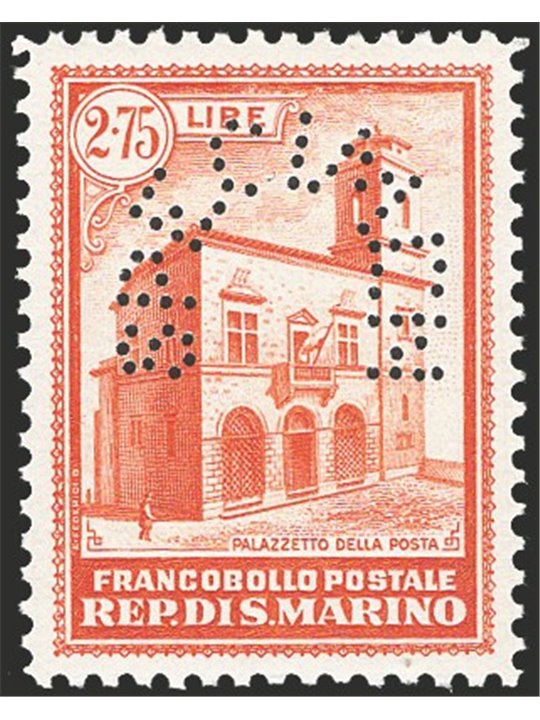 San Marino 1932 Palazzetto 2,75 £ arancio con perforazione “specimen” n° P163 Cert. CiBaFil Cert. ED Cat. € 1.000 (**)