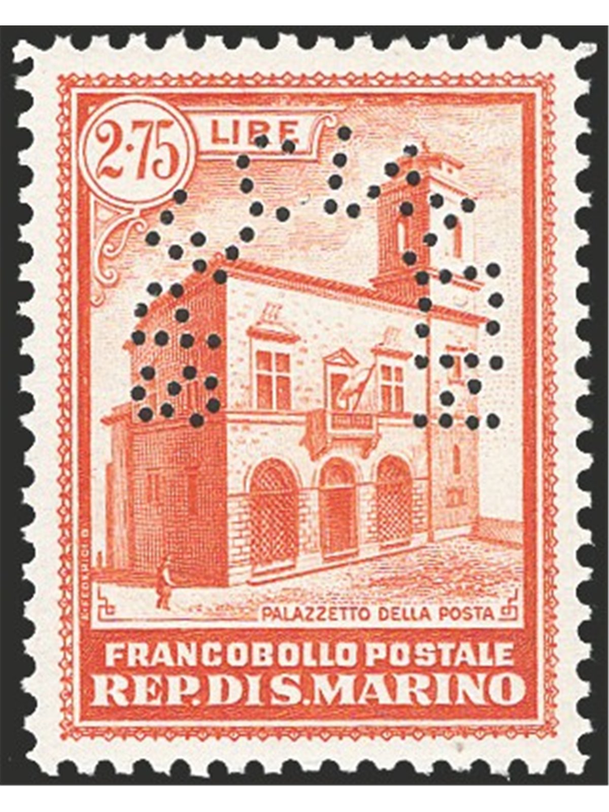 San Marino 1932 Palazzetto 2,75 £ arancio con perforazione “specimen” n° P163 Cert. CiBaFil Cert. ED Cat. € 1.000 (**)