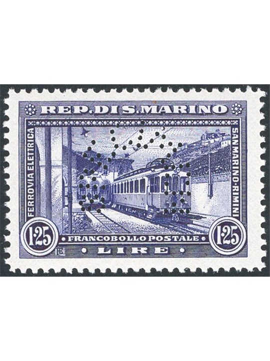 San Marino 1932 Trains 1.25 £ violet colour-changed proof unissued with arched ‘specimen’ perforation No. P166 CiBaFil Cert. ED 