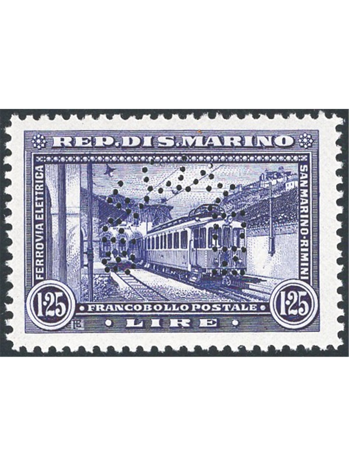 San Marino 1932 Treni 1,25 £ violetto colore cambiato saggio non emesso con perforazione “specimen” ad arco n° P166 Cert. CiBaFi