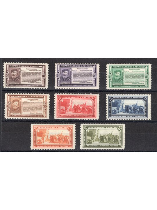 San Marino 1932 Garibaldi serie n° 168/75 Cert. Biondi Cat. € 1.750 (**)