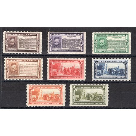 San Marino 1932 Garibaldi serie n° 168/75 Cert. Biondi Cat. € 1.750 (**)