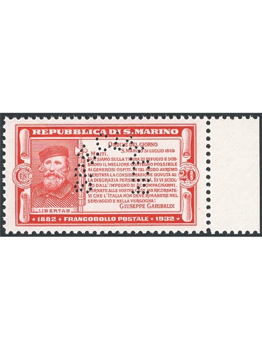 San Marino 1932 50th Anniversary of Garibaldi’s death 20 c. carmine colour-changed proof unissued with “specimen” arched perfora