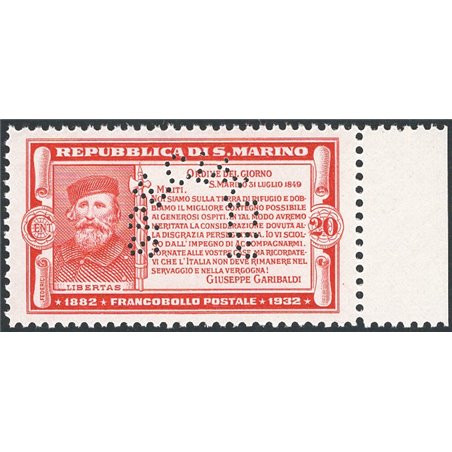 San Marino 1932 50° Anniv. della morte di Garibaldi 20 c. carminio colore cambiato saggio non emesso con perforazione “specimen”