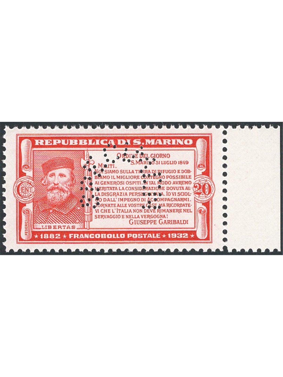 San Marino 1932 50° Anniv. della morte di Garibaldi 20 c. carminio colore cambiato saggio non emesso con perforazione “specimen”
