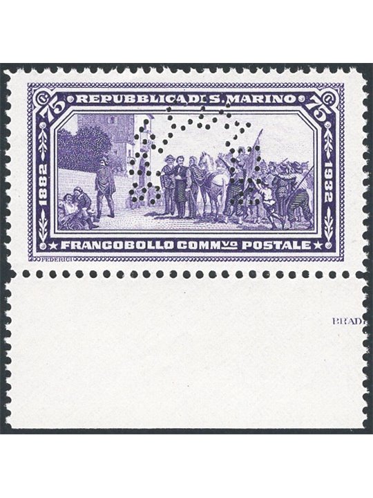 San Marino 1932 50° Anniv. della morte di Garibaldi 75 c. violetto colore cambiato saggio non emesso con perforazione “specimen”