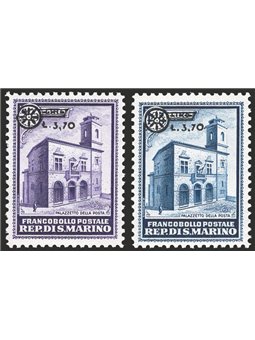 San Marino 1934 Palazzetto della posta 1,75 £ azzurro e 2,75 £ violetto con soprast. "3,70" e fregio n° 184/85 Cert. Cilio Cat. 