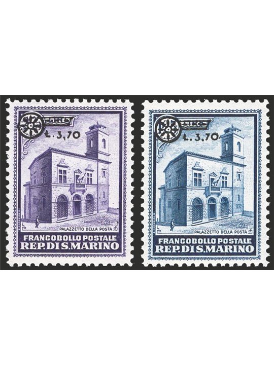 San Marino 1934 Palazzetto della posta 1,75 £ azzurro e 2,75 £ violetto con soprast. "3,70" e fregio n° 184/85 Cert. Cilio Cat. 