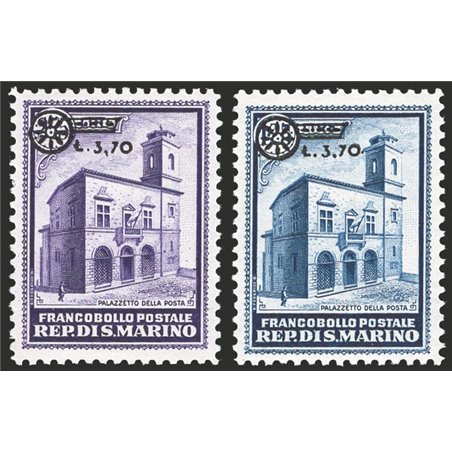 San Marino 1934 Palazzetto della posta 1,75 £ azzurro e 2,75 £ violetto con soprast. "3,70" e fregio n° 184/85 Cert. Cilio Cat. 