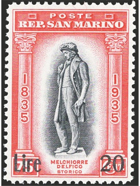 San Marino 1933 Delfico 20 £ su 75 c. rosso e nero n° 227 Cert. Bolaffi (storico) Cat. € 44 (**) 
