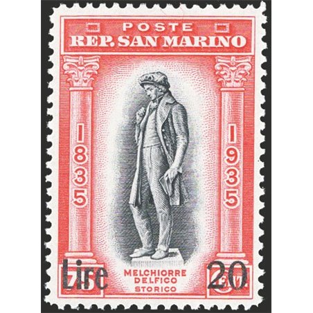 San Marino 1933 Delfico 20 £ on 75 c. red and black No. 227 Bolaffi Certificate (historical) Cat. € 44 (**)