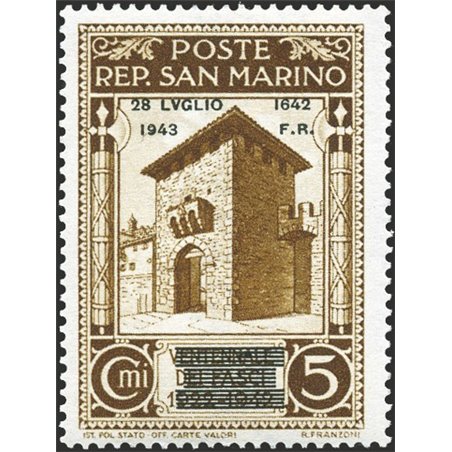 San Marino 1943 Caduta del Fascismo 5 c. bruno con soprast. modificata n° 253A Cert. Biondi Cat. € 2.200 (**)