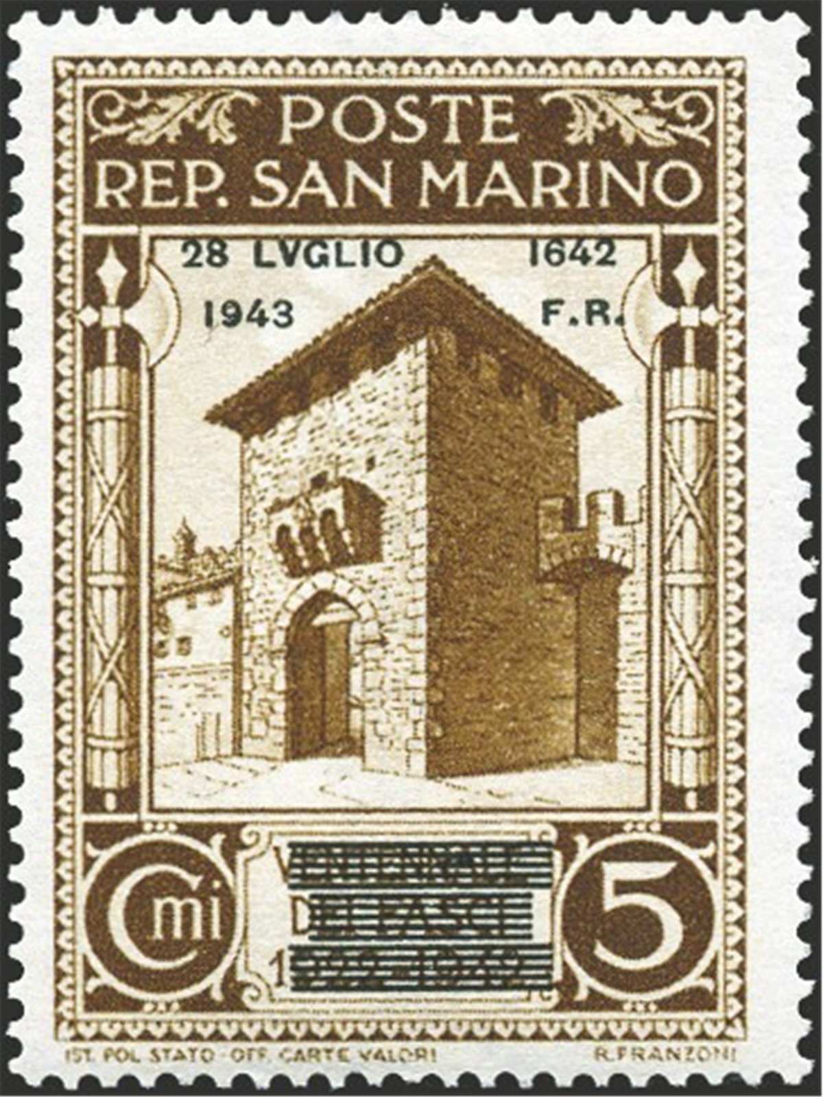 San Marino 1943 Fall of Fascism 5 c. brown with modified overprint No. 253A Biondi Certificate Biondi Cat. € 2,200 (**)
