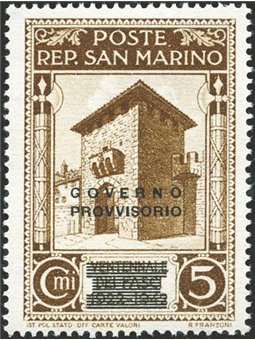 San Marino 1943 Provisional Government 5 c. brown with modified overprint No. 266A Cert. Biondi Cat. € 2,200 (**)