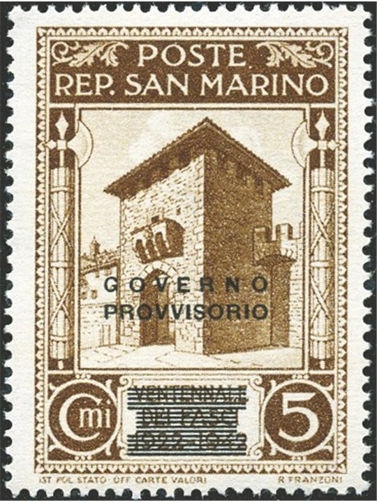 San Marino 1943 Governo Provvisorio 5 c. bruno con soprast. modificata n° 266A Cert. Biondi Cat. € 2.200 (**)