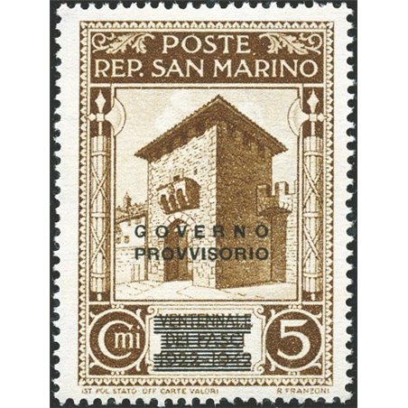 San Marino 1943 Provisional Government 5 c. brown with modified overprint No. 266A Cert. Biondi Cat. € 2,200 (**)