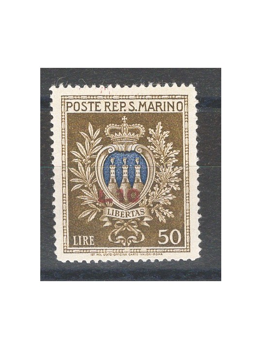 San Marino 1946 Pro Opera Assistenza coat of arms 10 £ on 50 £ No. 297 Cat. €50 (**)