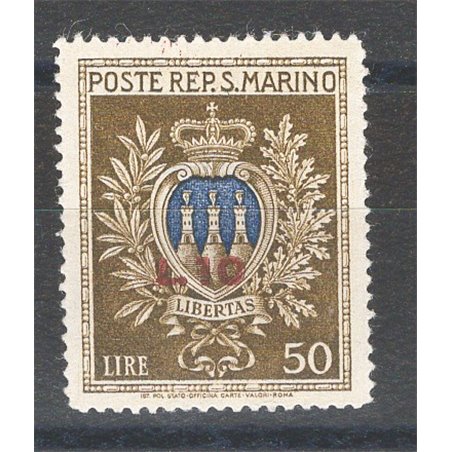 San Marino 1946 Pro Opera Assistenza stemma 10 £ su 50 £ n° 297 Cat. € 50 (**)