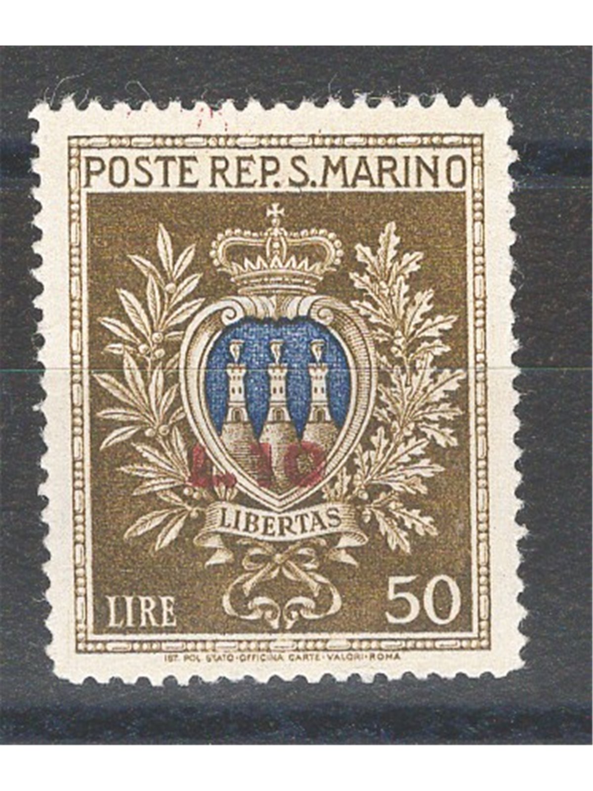 San Marino 1946 Pro Opera Assistenza coat of arms 10 £ on 50 £ No. 297 Cat. €50 (**)
