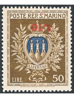 San Marino 1946 Stemma 50 £ oliva e oltremare con soprast. capovolta “£. 10” n° 297a Cert. Apicella Cat. € 650 (**)