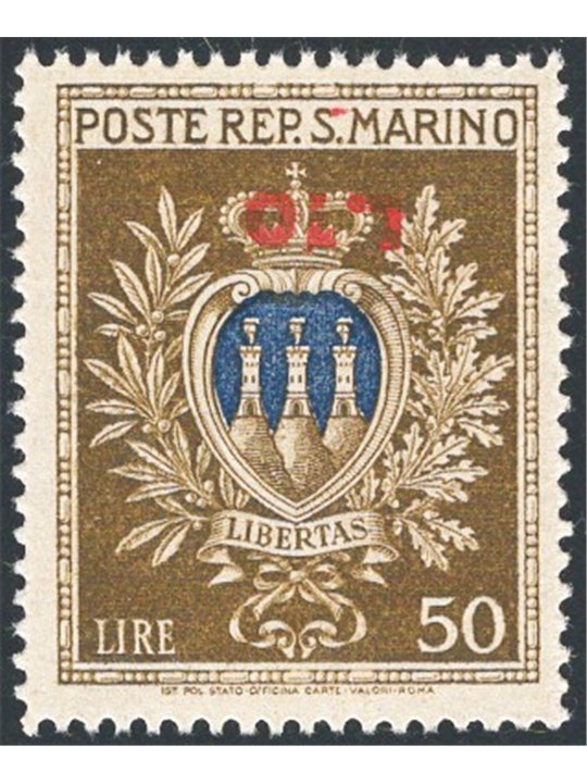 San Marino 1946 Coat of Arms 50 £ olive and ultramarine with inverted overprint “£. 10” no. 297a certified by Apicella Cat. € 65