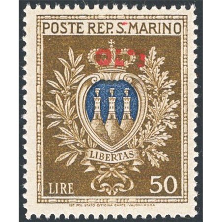 San Marino 1946 Coat of Arms 50 £ olive and ultramarine with inverted overprint “£. 10” no. 297a certified by Apicella Cat. € 65